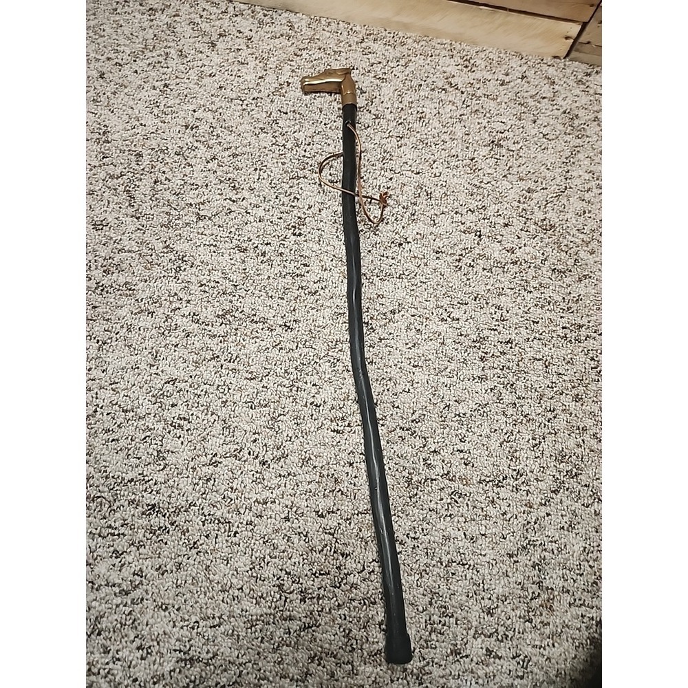 VINTAGE WOOD CANE WITH BEAUTIFUL BRASS HORSE HEAD HANDLE ~ 32" LONG